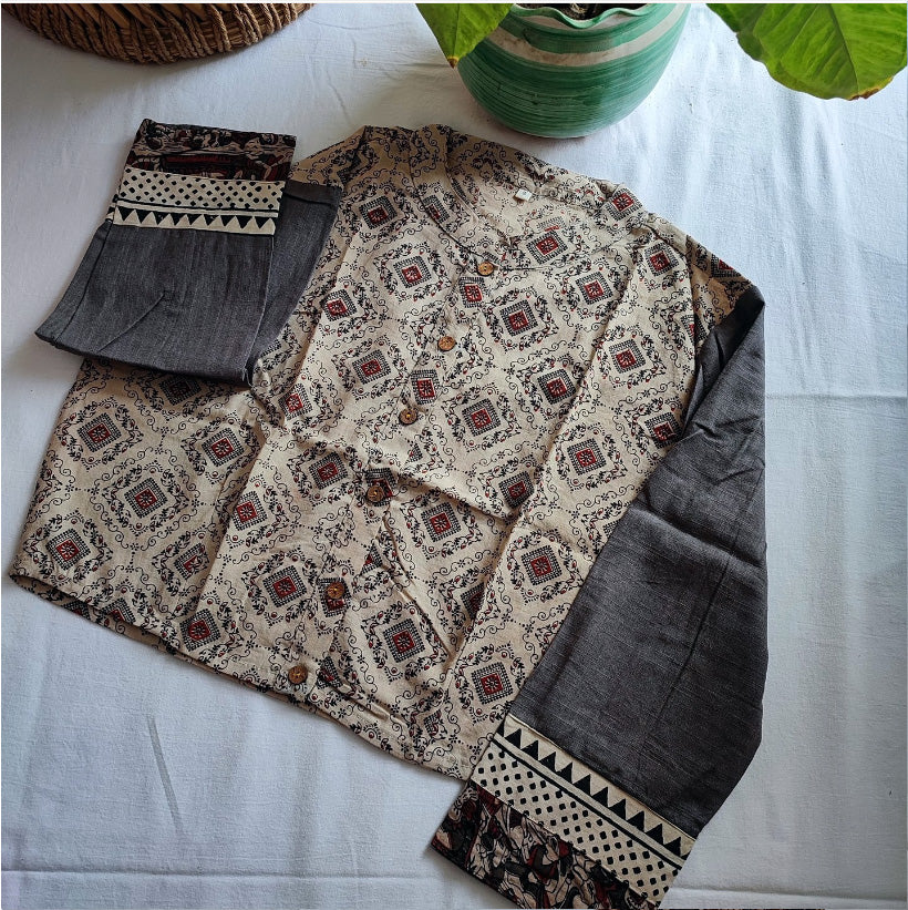 Slate Grey & Beige Pure Cotton Kalamkari Handblock Printed Contemporary Blouse/Crop Top