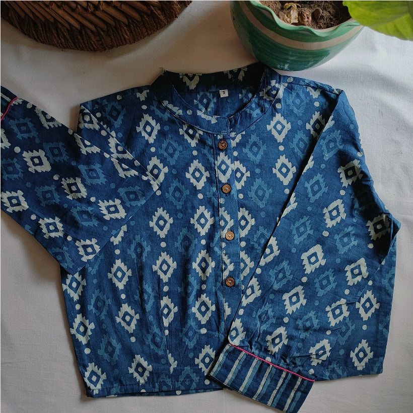 Denim Blue Pure Cotton Handblock Printed Contemporary Blouse/ Crop Top