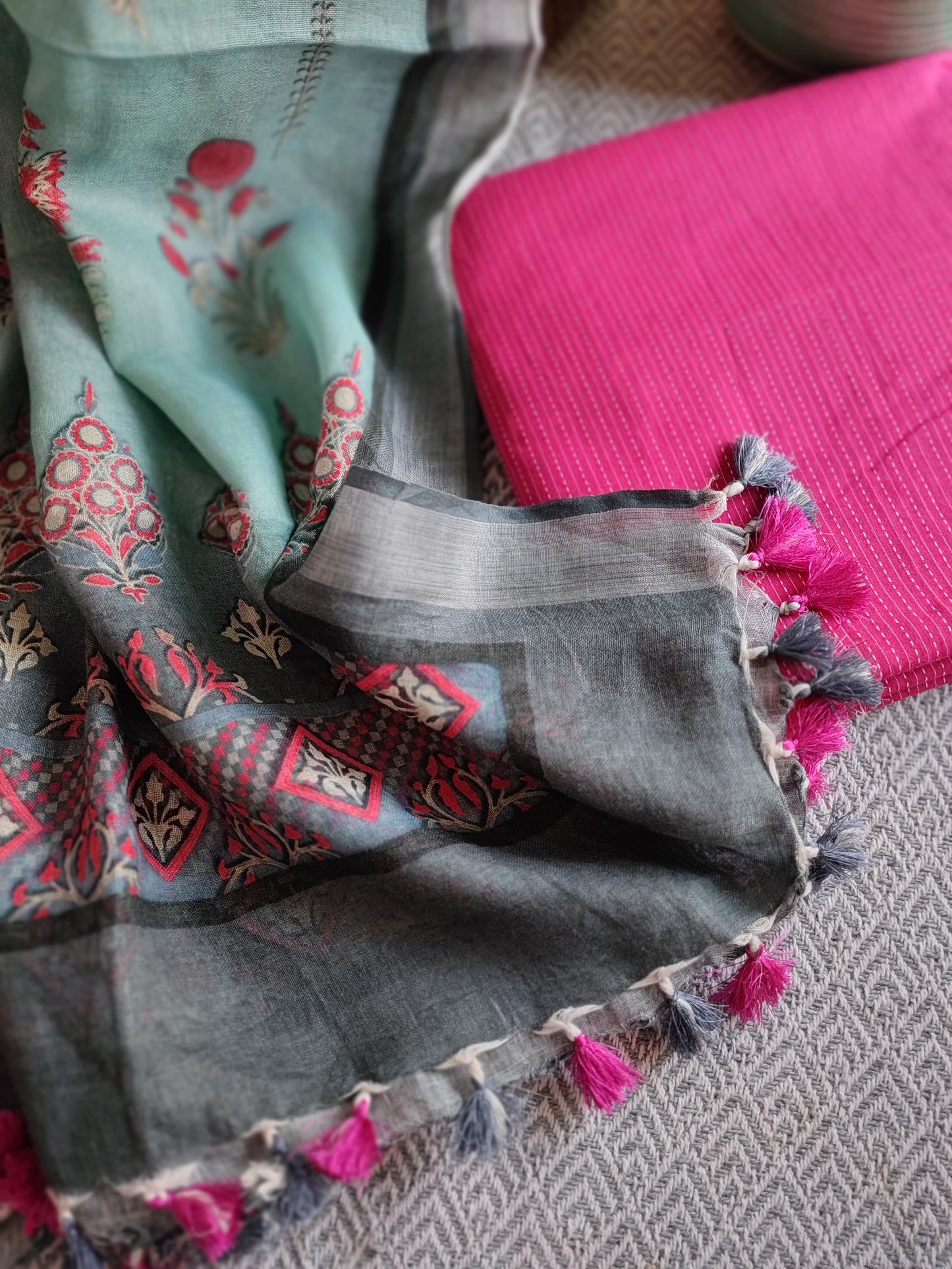 Fuchsia Pink  Monochromatic Cotton Kurta with Digital Print Floral Linen Dupatta (Variation 2)