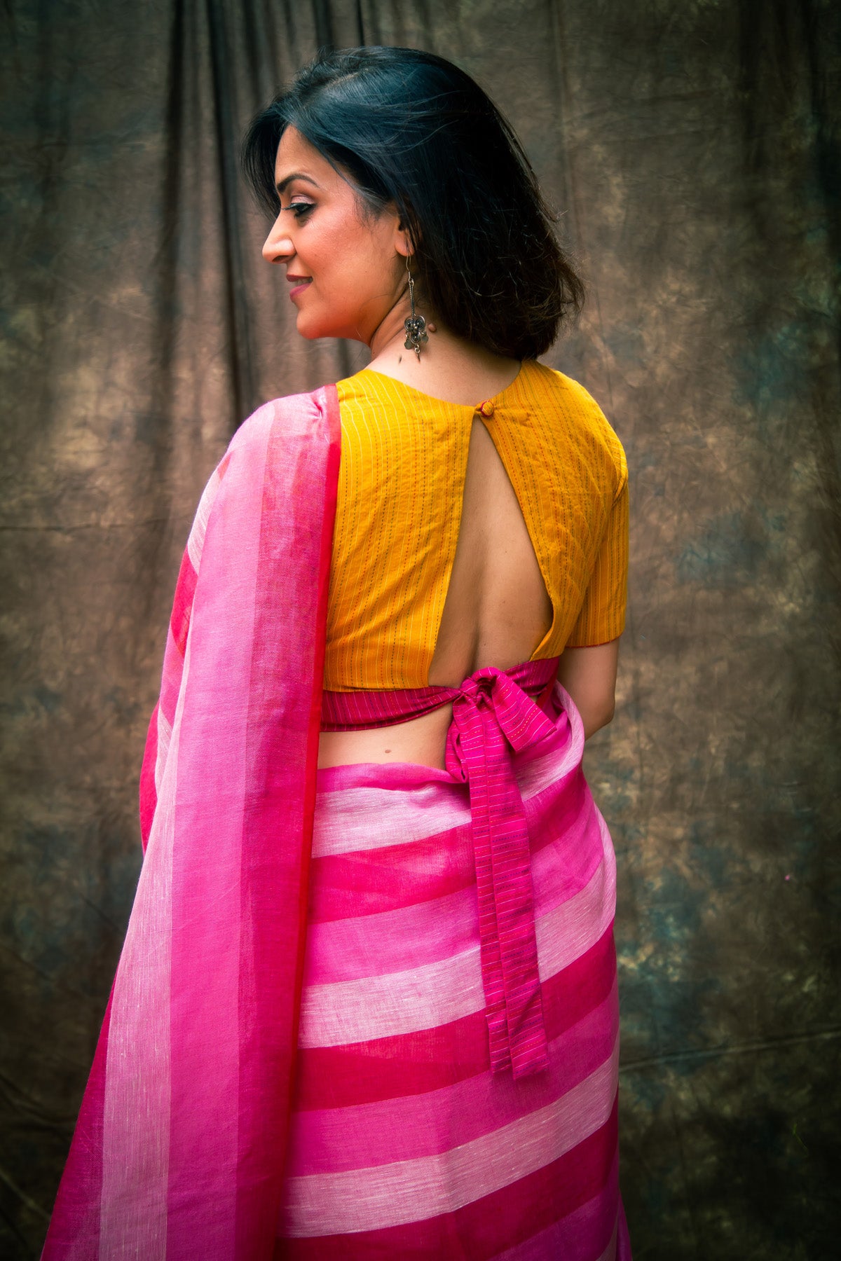 Hot Pink Pure Linen Saree with Stripes & Plain Blouse Piece