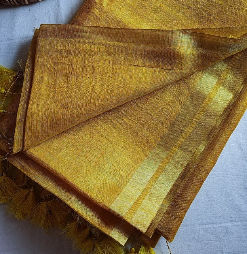 Sunshine Yellow Premium Linen Tissue Linen Silk Saree – Faburra