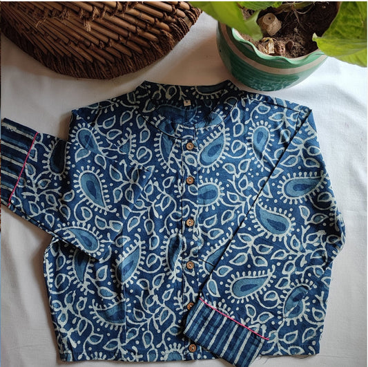 Pine Blue Pure Cotton Handblock Printed Contemporary Blouse/ Crop Top