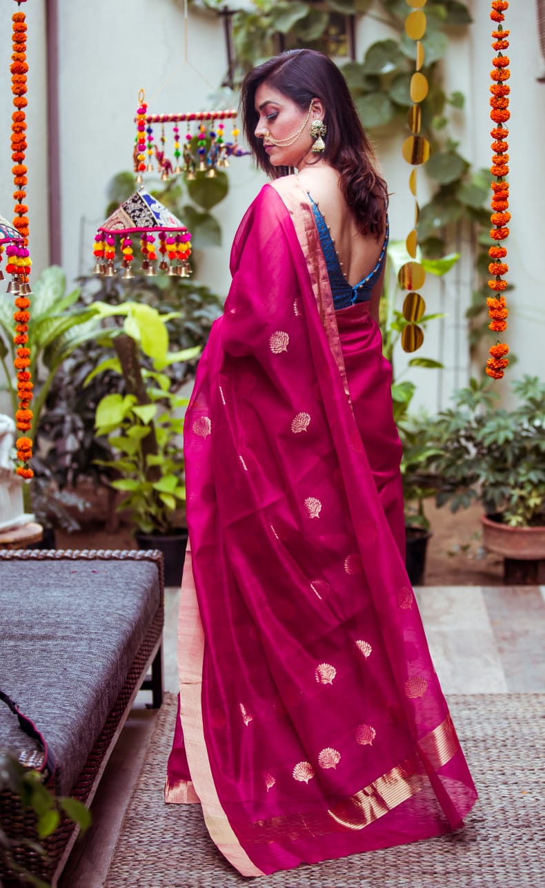 Sweet Pink Zari Woven Pure Handloom Chanderi Silk Saree – zarikaariindia.com