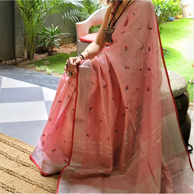 True Peach Pure Linen Embroidered Saree with Tassels Detailing