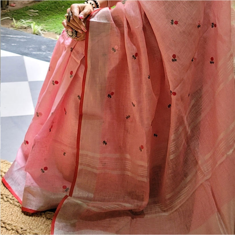 True Peach Pure Linen Embroidered Saree with Tassels Detailing